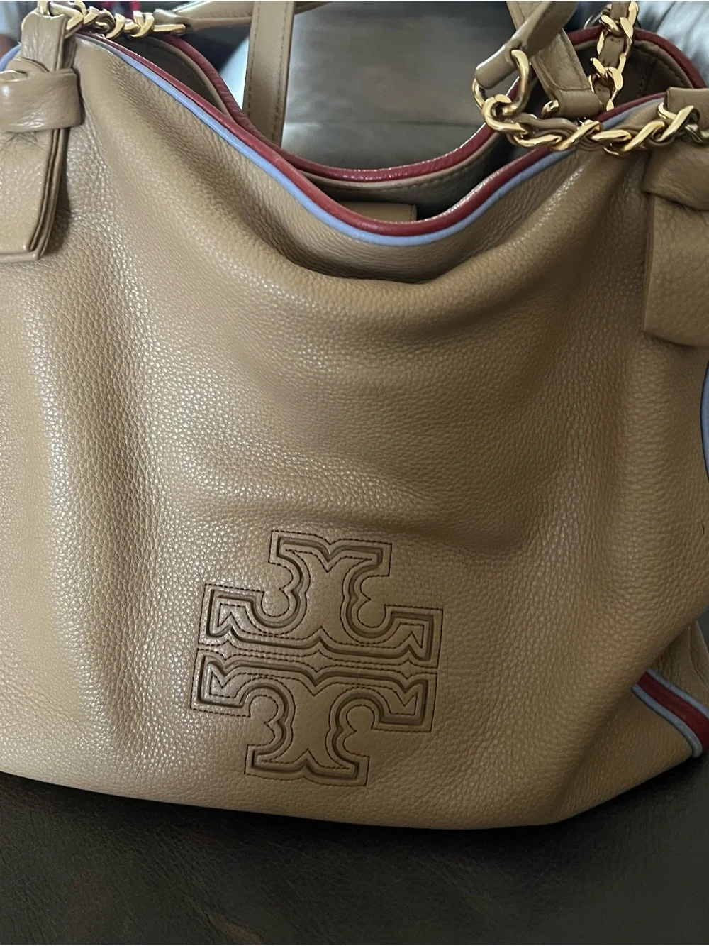 Tory Burch Taupe Pebbled Leather Shoulder Bag with Gold Chain